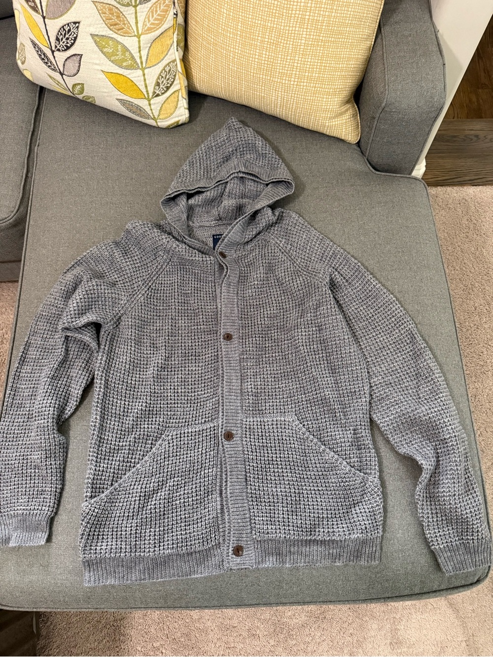 Men's Gray Hooded Waffle Knit Cardigan Sweater